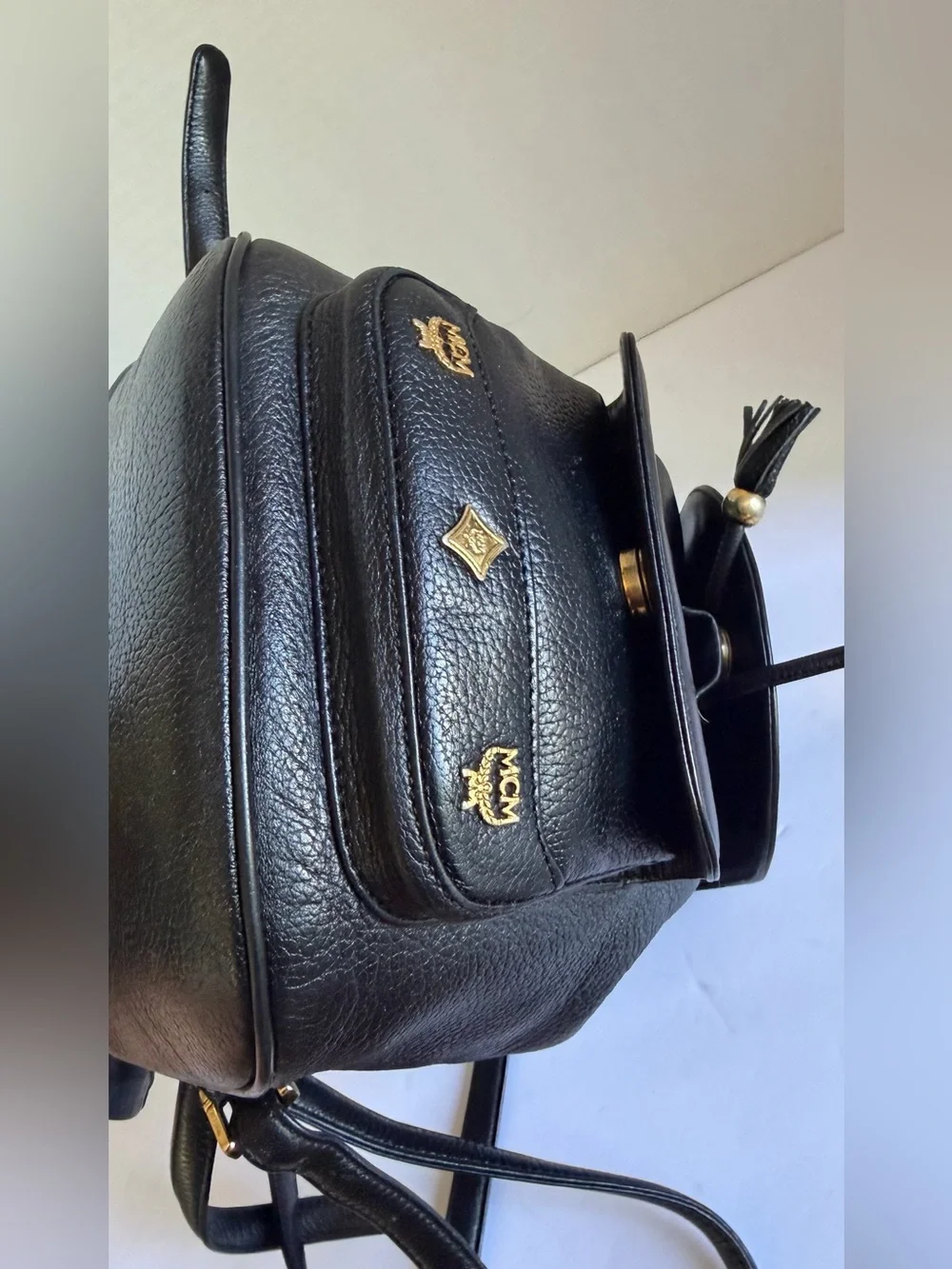 MCM Black all Leather Backpack with Gold Hardware and Tassels